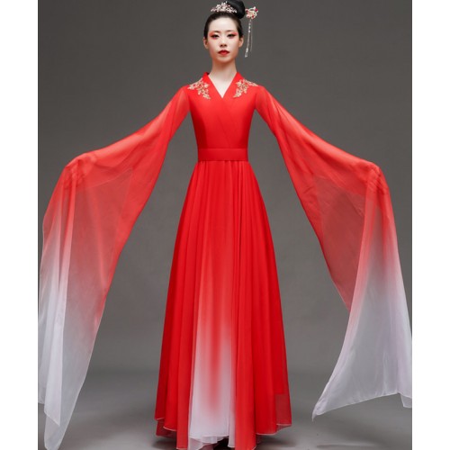 Red gradient colored Chinese Classical dance costumes for women girls waterfall sleeves fairy princess dance dresses modern dance opening dance hanfu 